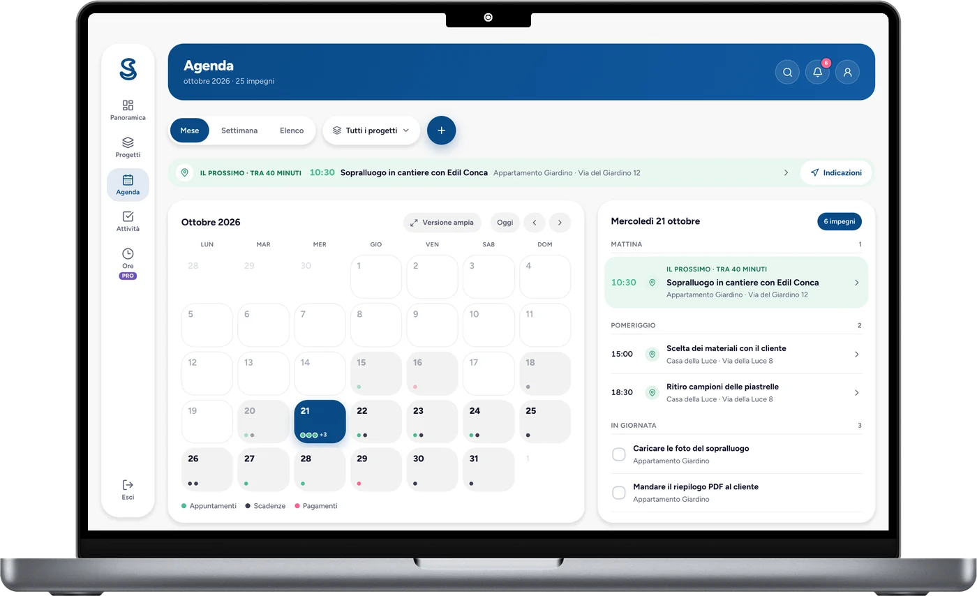 L'agenda di Simple Studio su MacBook: il mese con gli impegni dei progetti e, accanto, quelli del giorno
