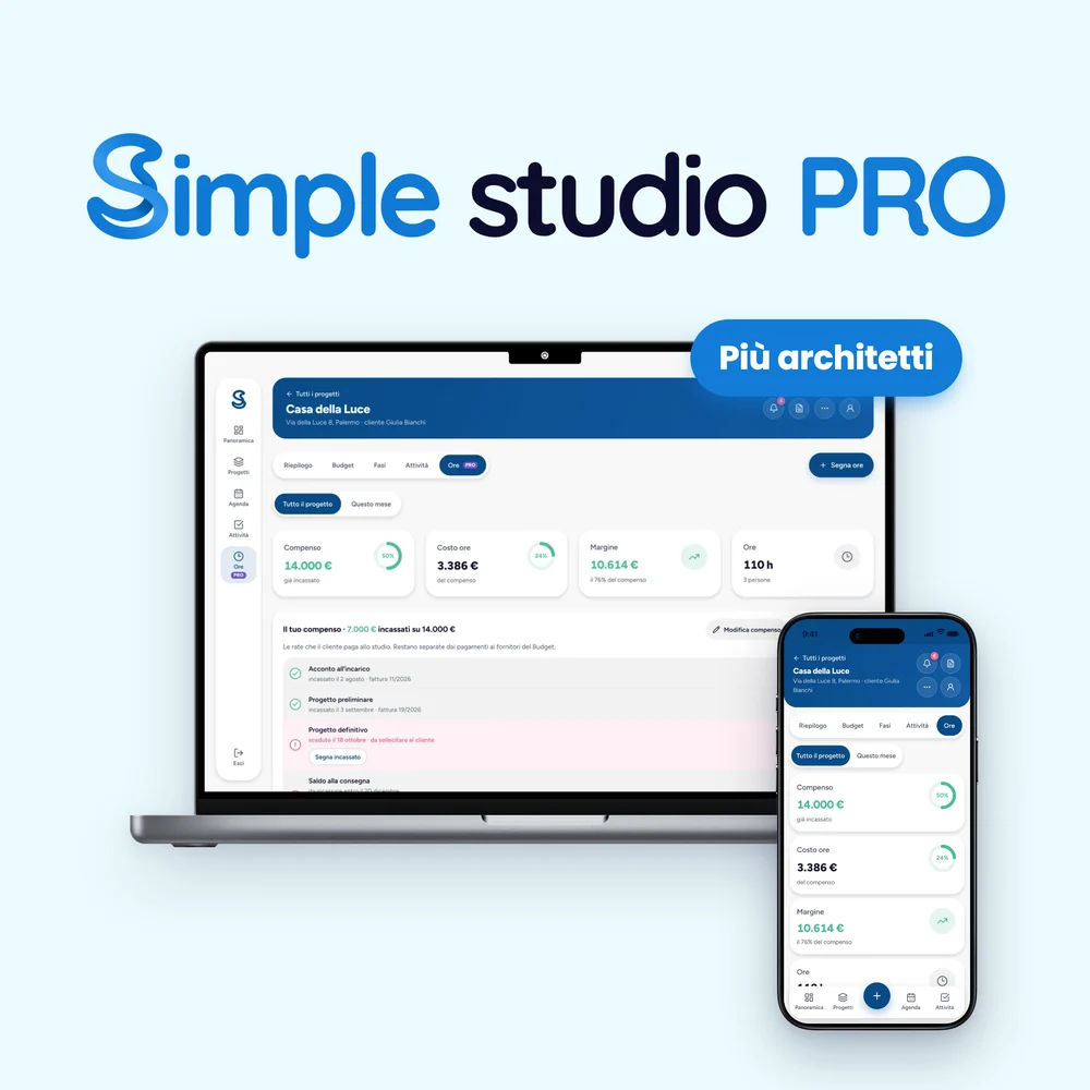 Simple Studio Pro su MacBook e iPhone: il lavoro dello studio con compenso e costo delle ore